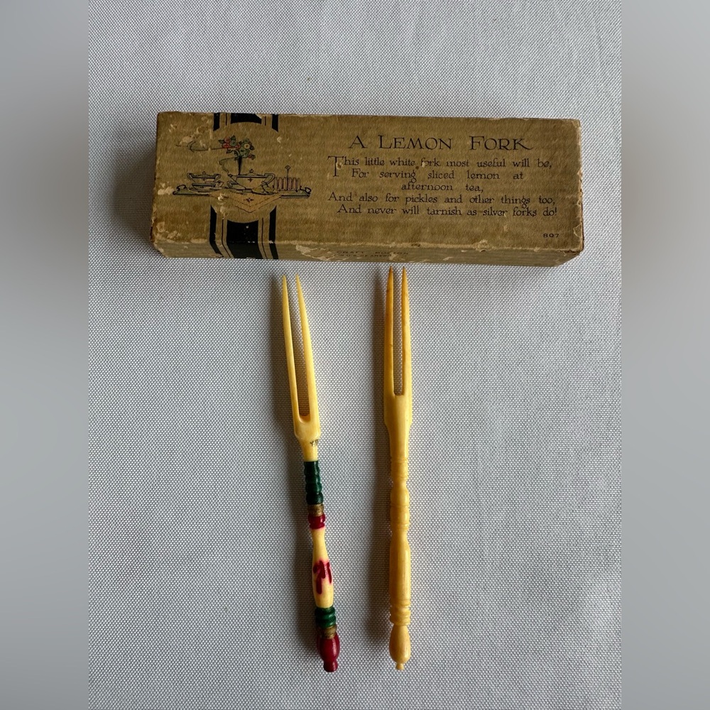 Antique Carved Bovine Bone Lemon Fork Set in Original Box by Craft Boston USA